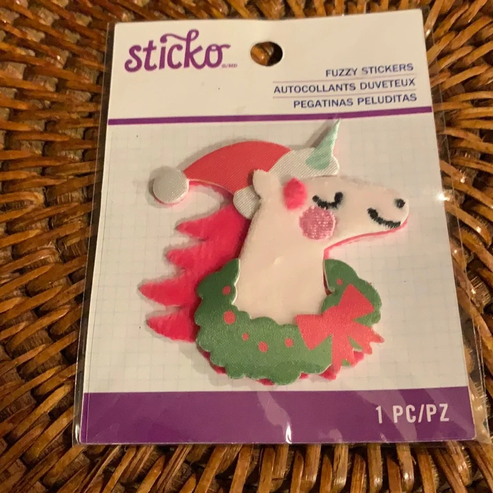 ⭐️ $1 if bundled STICKO Holiday Unicorn Fuzzy Sticker Unicorn with Santa hat NWT
